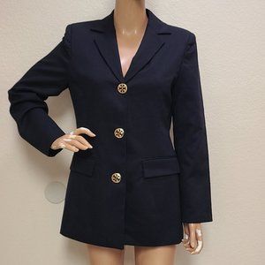 TORY BURCH CLASSIC LOGO BUTTON FITTED NAVY BLUE WOOL BLAZER JACKET sz S no tags